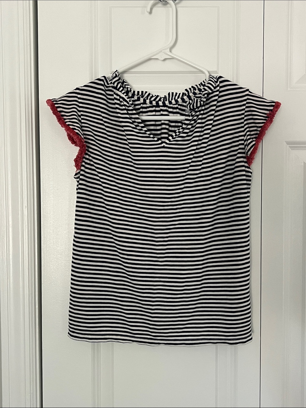 Striped Black & White Tee with Red Fringe Sleeves